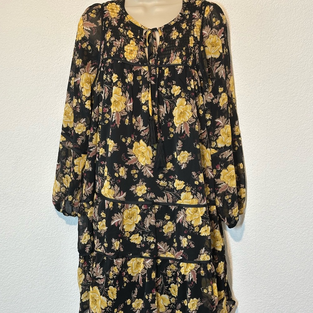New Laurel Grey 8 Floral Black and Yellow Balloon Sleeve Dress Boho Cottagecore‎